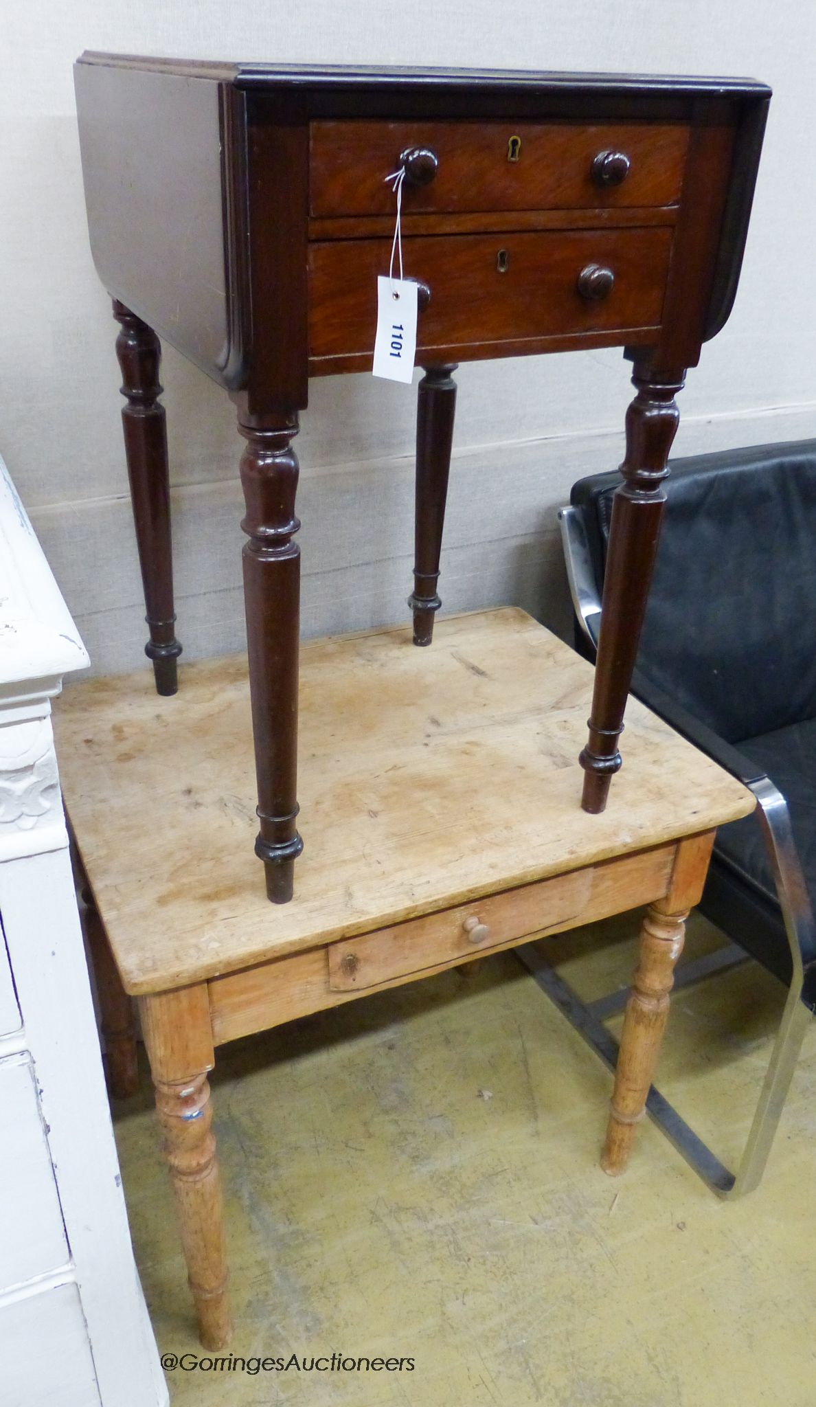 A Victorian mahogany drop leaf work table and a pine side table